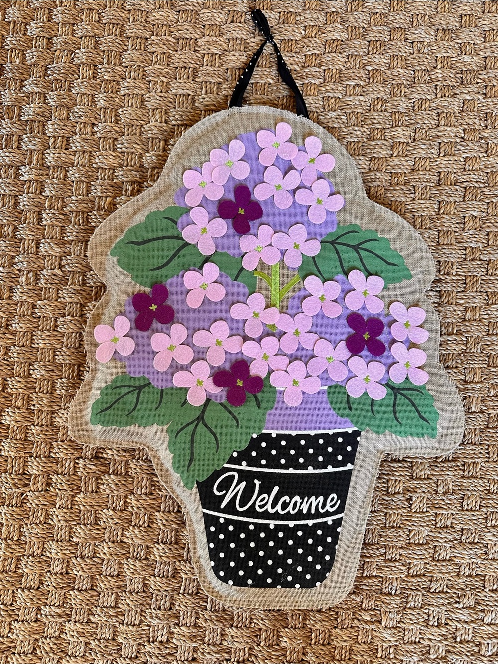 Welcome Burlap & Felt Pink & Purple Floral Wall/Door Hanger